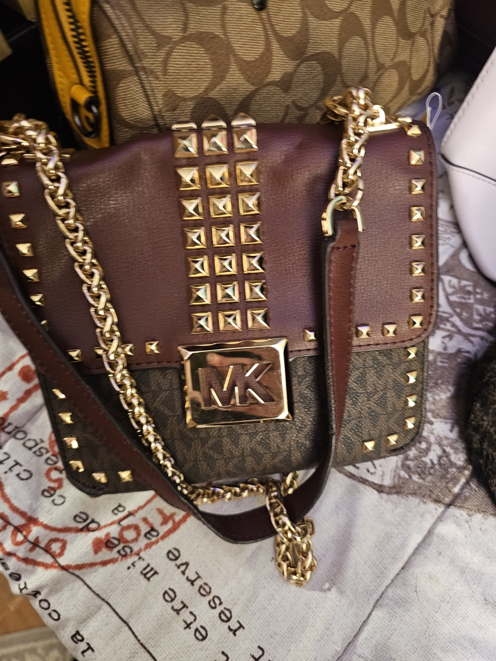 Michael Kors Burgundy and Brown Studded Chain-Shoulder Crossbody Bag